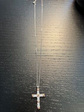 Cross Pendant Necklace with Rose Gold Accents - White Stones